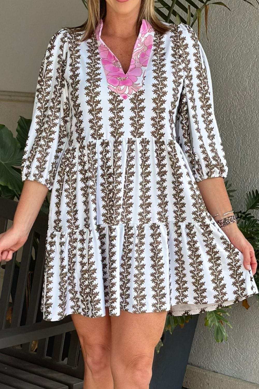 Printed Notched 3/4 Sleeve Mini Dress - Trendsi - Flyclothing LLC