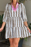 Printed Notched 3/4 Sleeve Mini Dress - Trendsi - Flyclothing LLC