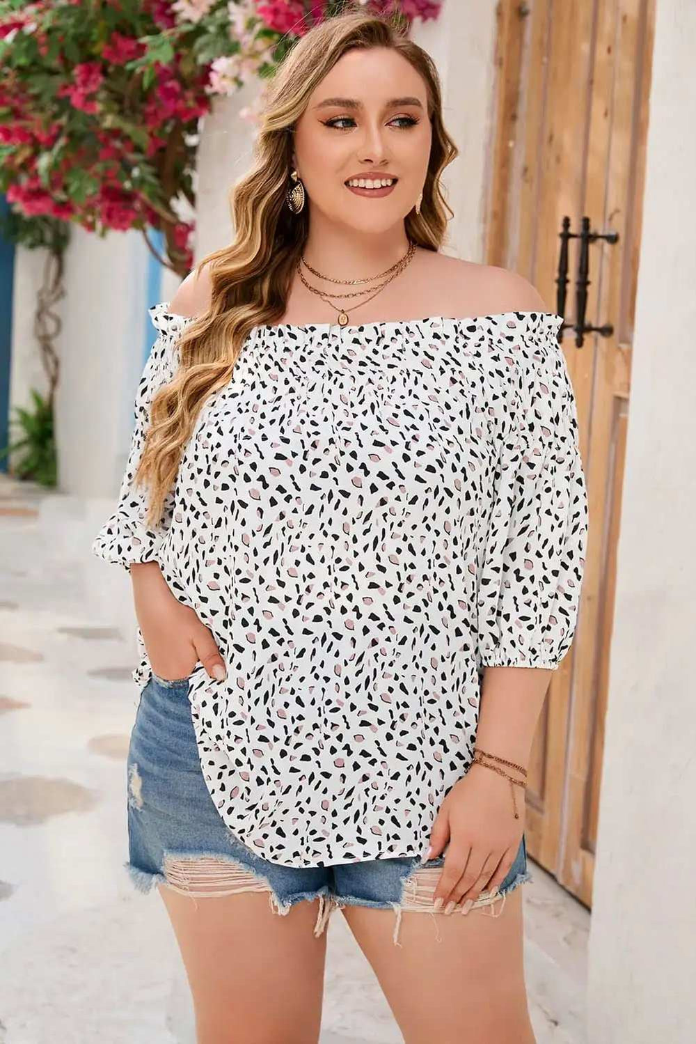 Plus Size Printed Off-Shoulder Half Sleeve Blouse - Trendsi - Flyclothing LLC