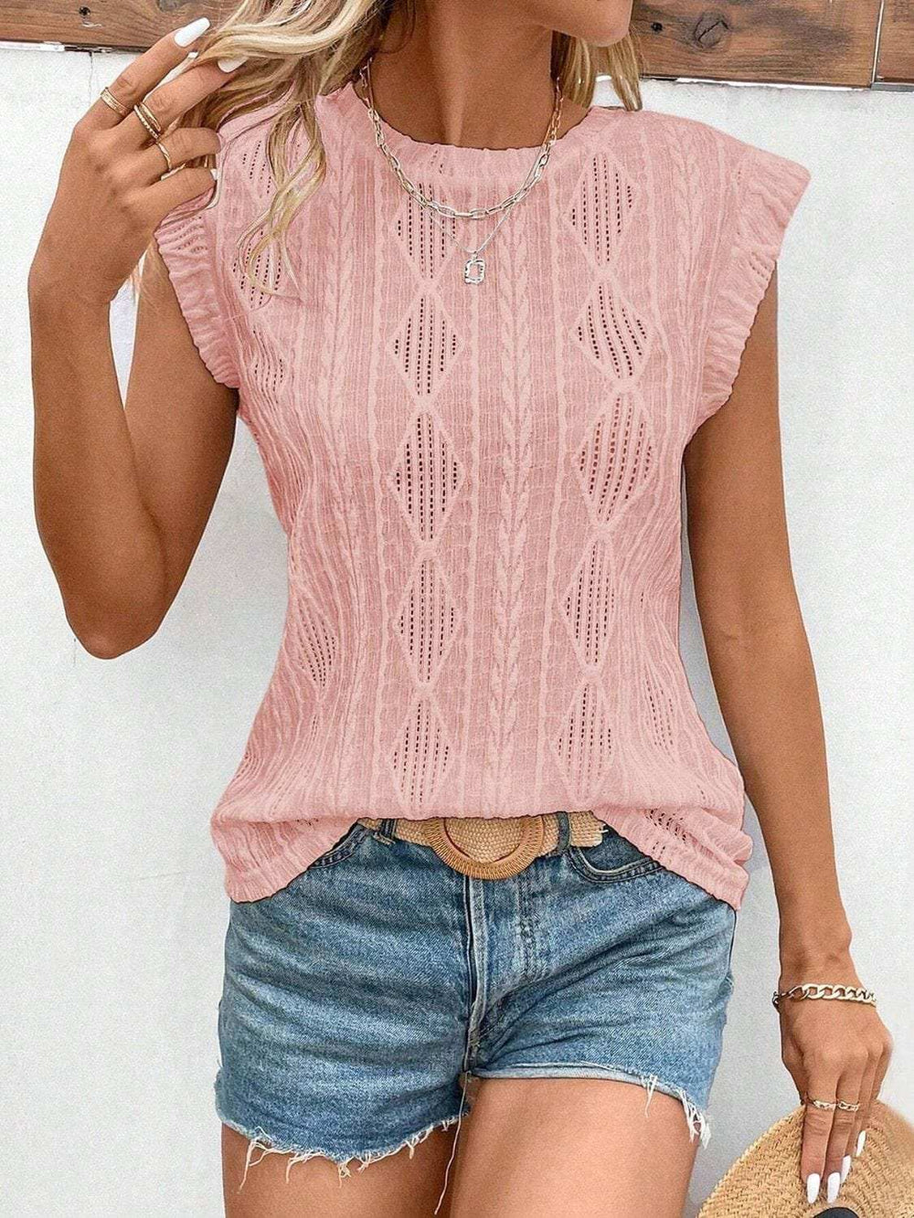 Eyelet Round Neck Cap Sleeve Top - Trendsi - Flyclothing LLC