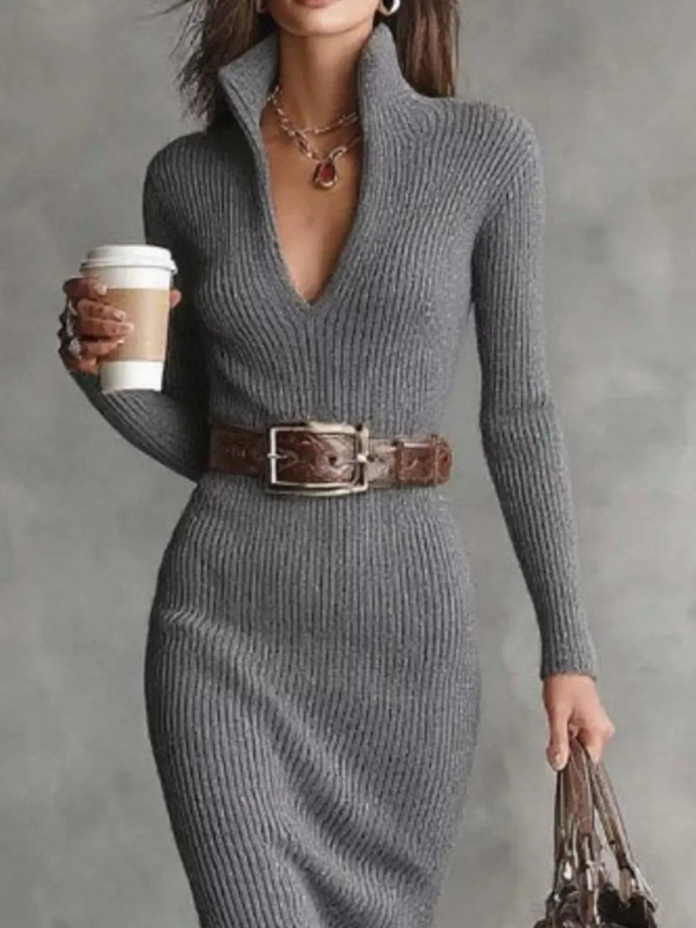 Full Size Ribbed Knit Turtleneck Sweater Dress Plus Size - Trendsi - Flyclothing LLC