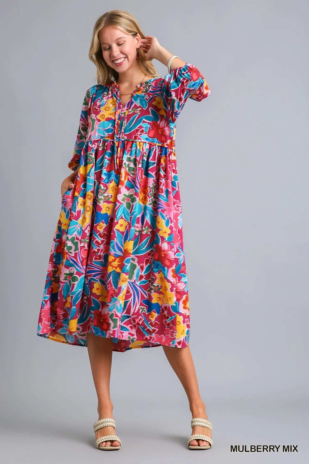 Umgee Full Size Floral Print Tie Neck Midi Dress with Pockets Plus Size - Trendsi - Flyclothing LLC