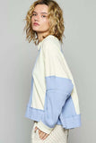 POL Color Block Waffle Knit Raw Hem Sweatshirt - Trendsi - Flyclothing LLC