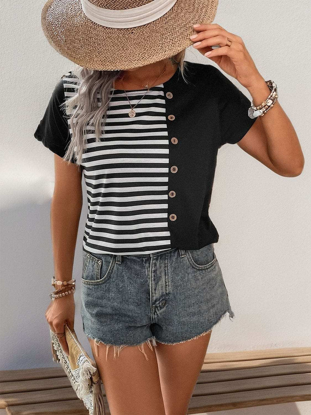 Striped Round Neck Short Sleeve T-Shirt - Trendsi - Flyclothing LLC