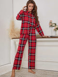 Plaid Collared Neck Long Sleeve Top and Pants Lounge Set - Trendsi - Flyclothing LLC