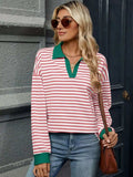 Striped Johnny Collar Long Sleeve Sweatshirt - Trendsi - Flyclothing LLC