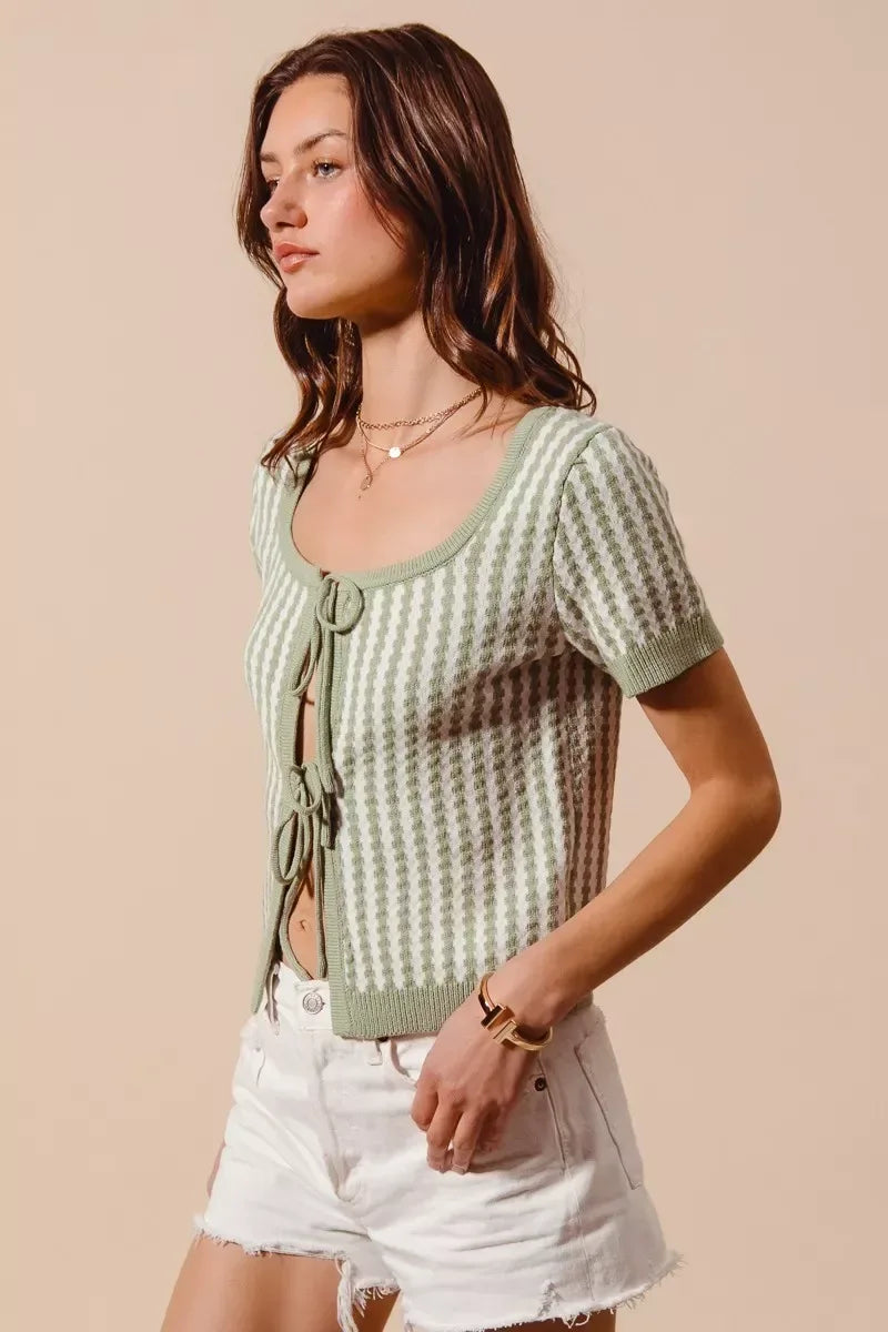 SO ME Tie Front Textured Vertical Stripe Knit Cardigan - Trendsi - Flyclothing LLC