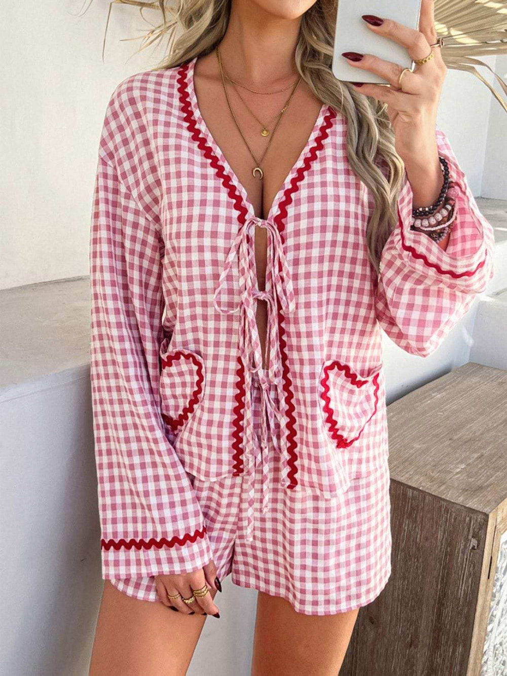 Devine Tie Front Contrast Plaid Shirt and Shorts Set - Trendsi - Flyclothing LLC