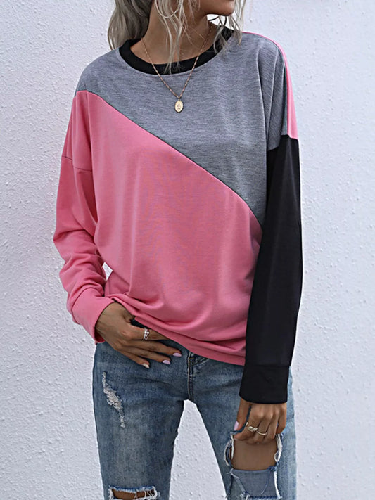 Color Block Casual Round Neck Sweatshirt - Trendsi - Flyclothing LLC