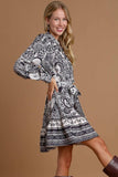 Umgee Full Size Two Tone Floral Border Print Tie Waist Mini Dress Plus Size - Trendsi - Flyclothing LLC