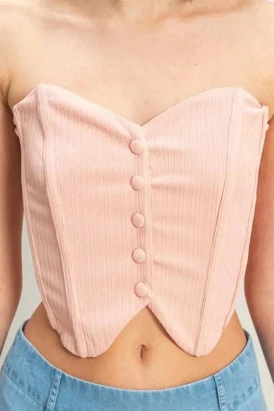 HYFVE Buttoned Front Strapless Knit Bustier Top - Trendsi - Flyclothing LLC