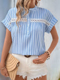 Perfee Half Button Striped Short Sleeve Blouse - Trendsi - Flyclothing LLC