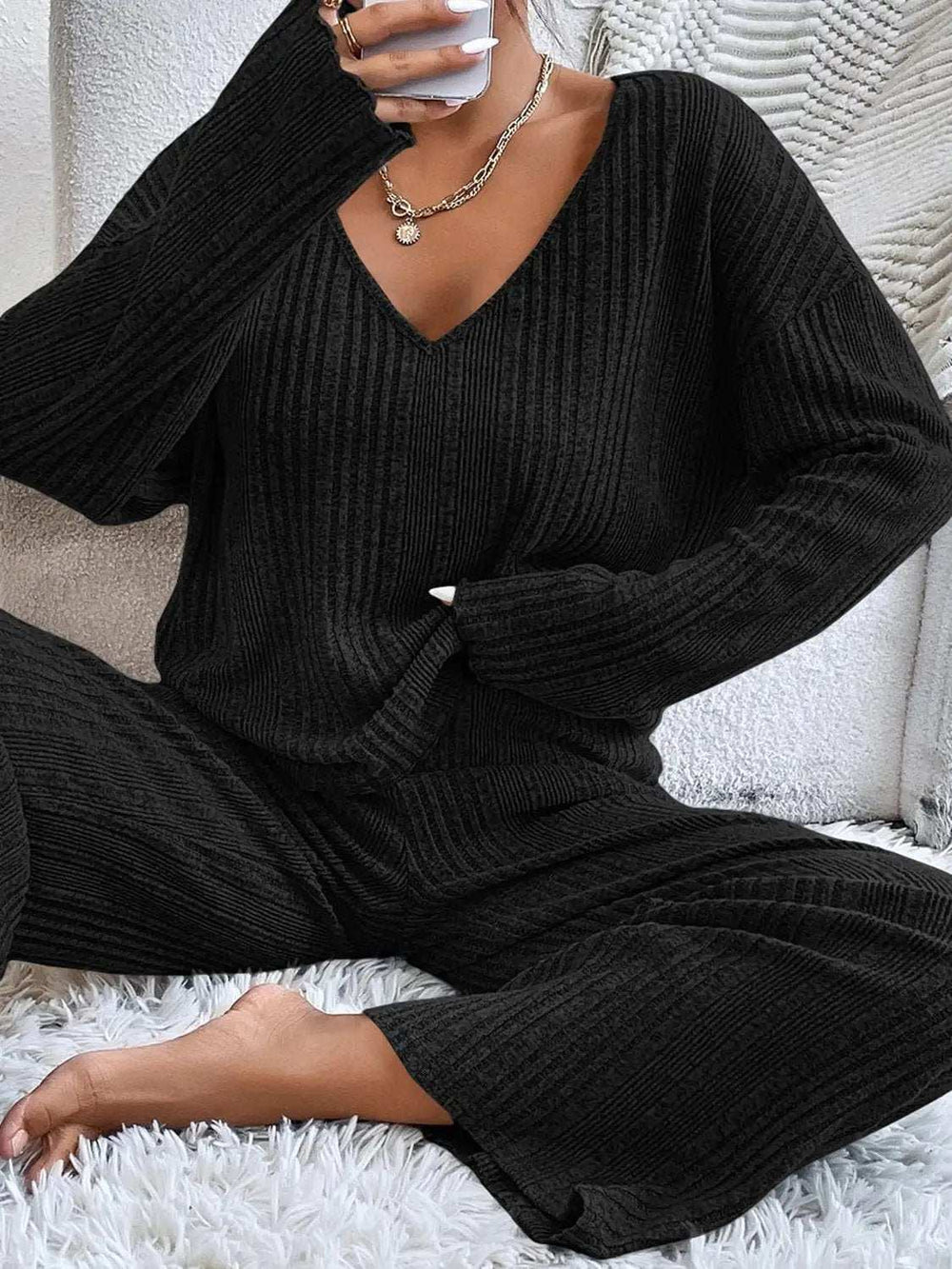 V-Neck Long Sleeve Top and Pants Set - Trendsi - Flyclothing LLC