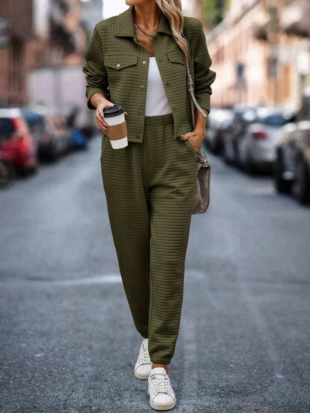 Plaid Texture Snap Down Top and Pants Set - Trendsi - Flyclothing LLC
