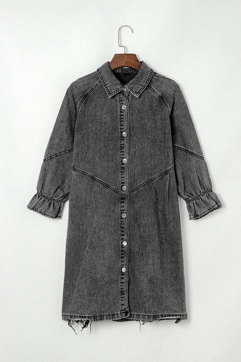 Distressed Collared Neck Flounce Sleeve Denim Dress - Trendsi - Flyclothing LLC