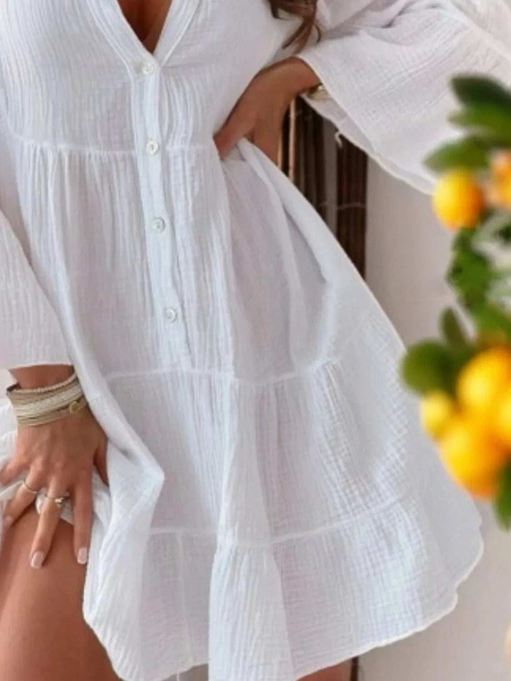 Button Detail Notched Long Sleeve Dress - Trendsi - Flyclothing LLC