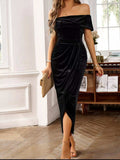 Velvet Off-Shoulder Ruched Midi Dress - Trendsi - Flyclothing LLC