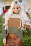 Waffle-Knit Color Block Round Neck Long Sleeve Blouse - Trendsi - Flyclothing LLC