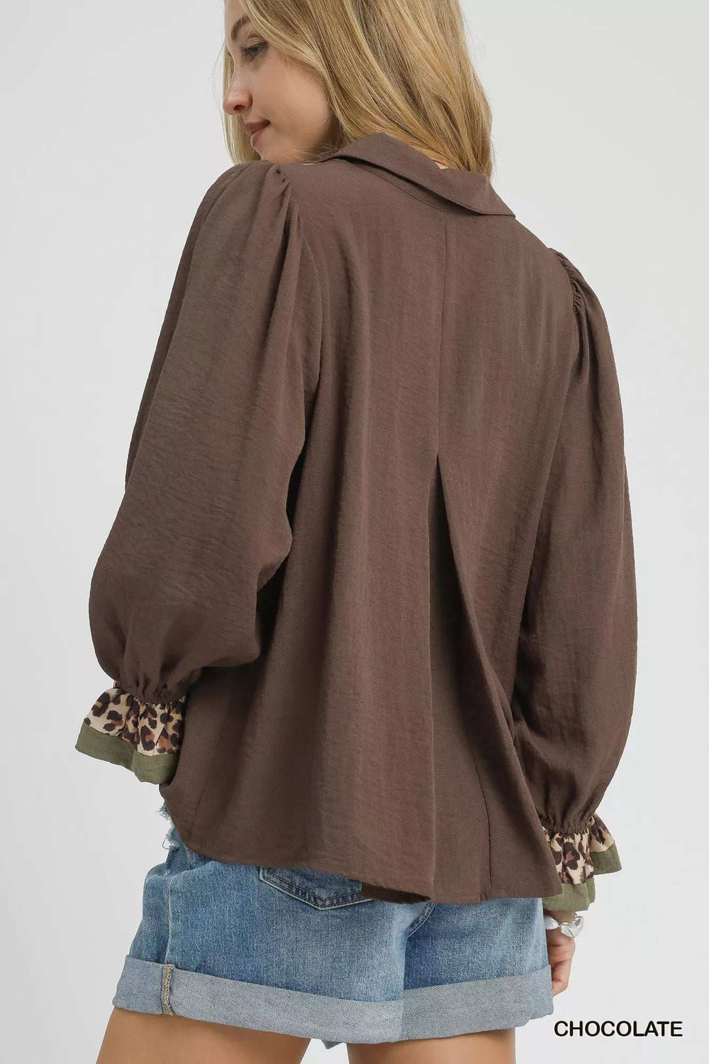 Umgee Half Button Blouse with Leopard Print Trim - Trendsi - Flyclothing LLC