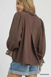 Umgee Half Button Blouse with Leopard Print Trim - Trendsi - Flyclothing LLC