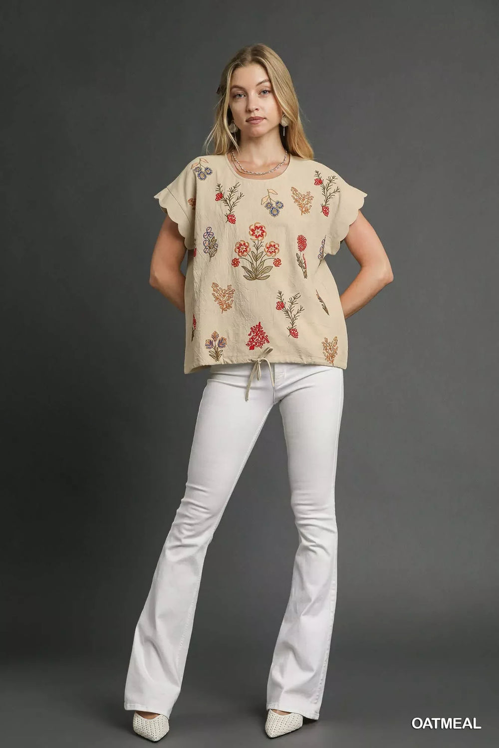 Umgee Embroidered Scallop Sleeve Top with Drawstring Hem - Trendsi - Flyclothing LLC
