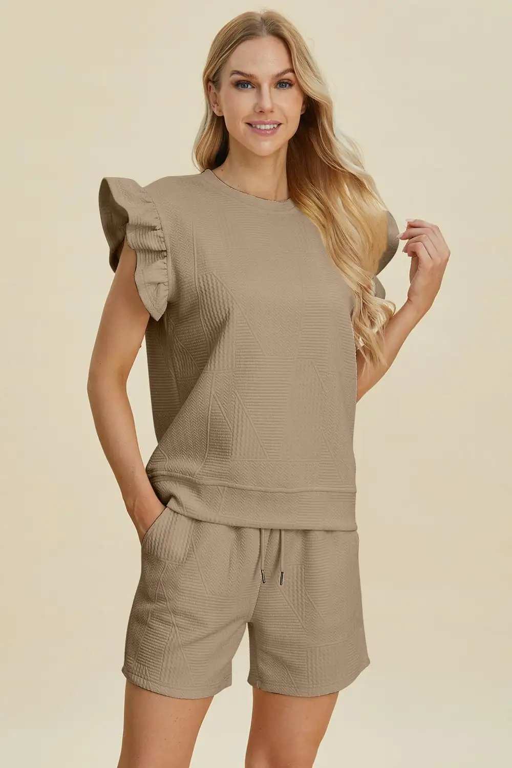 Double Take Full Size Texture Round Neck Ruffle Sleeve Top and Shorts Set - Trendsi - Flyclothing LLC