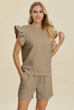 Double Take Full Size Texture Round Neck Ruffle Sleeve Top and Shorts Set - Trendsi - Flyclothing LLC