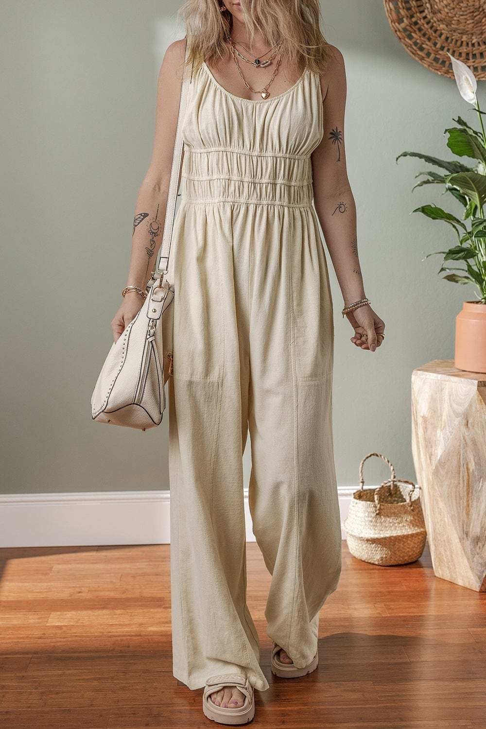 Ruched Sleeveless Wide Leg Jumpsuit - Trendsi - Flyclothing LLC