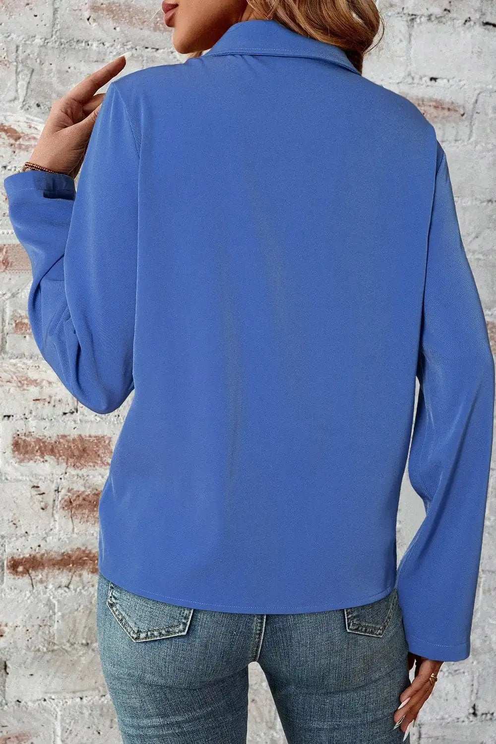 Pocketed Zip Up Collared Neck Long Sleeve Jacket - Trendsi - Flyclothing LLC