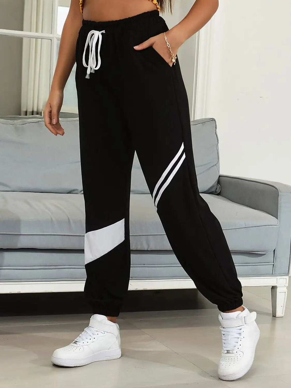 Drawstring Contrast Joggers with Pockets - Trendsi - Flyclothing LLC