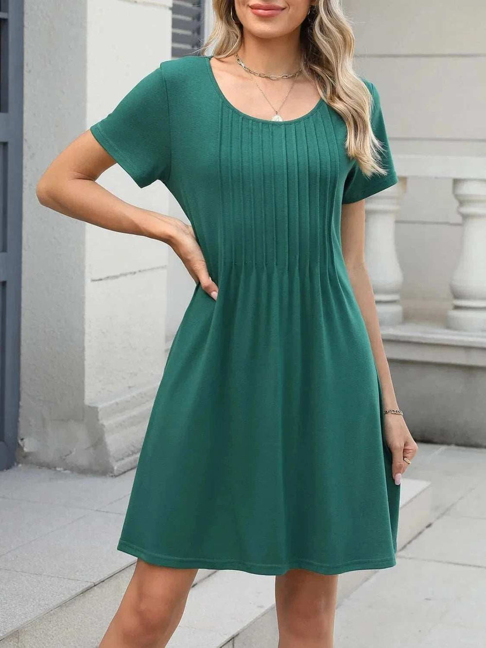 Pleated Front Round Neck Swing Dress - Trendsi - Flyclothing LLC