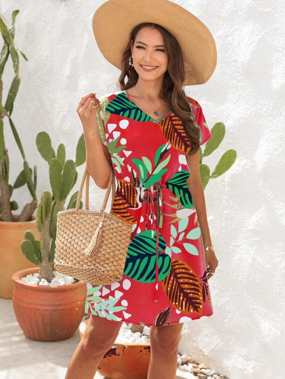 Drawstring Printed V-Neck Mini Dress - Trendsi - Flyclothing LLC