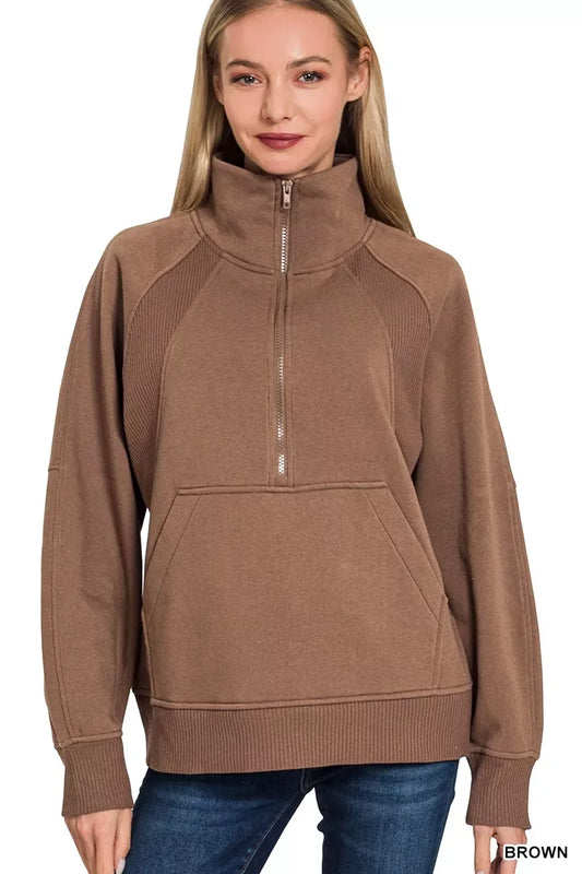 Zenana Half Zip Fleece Sweatshirt with kangaroo Pocket - Trendsi - Flyclothing LLC