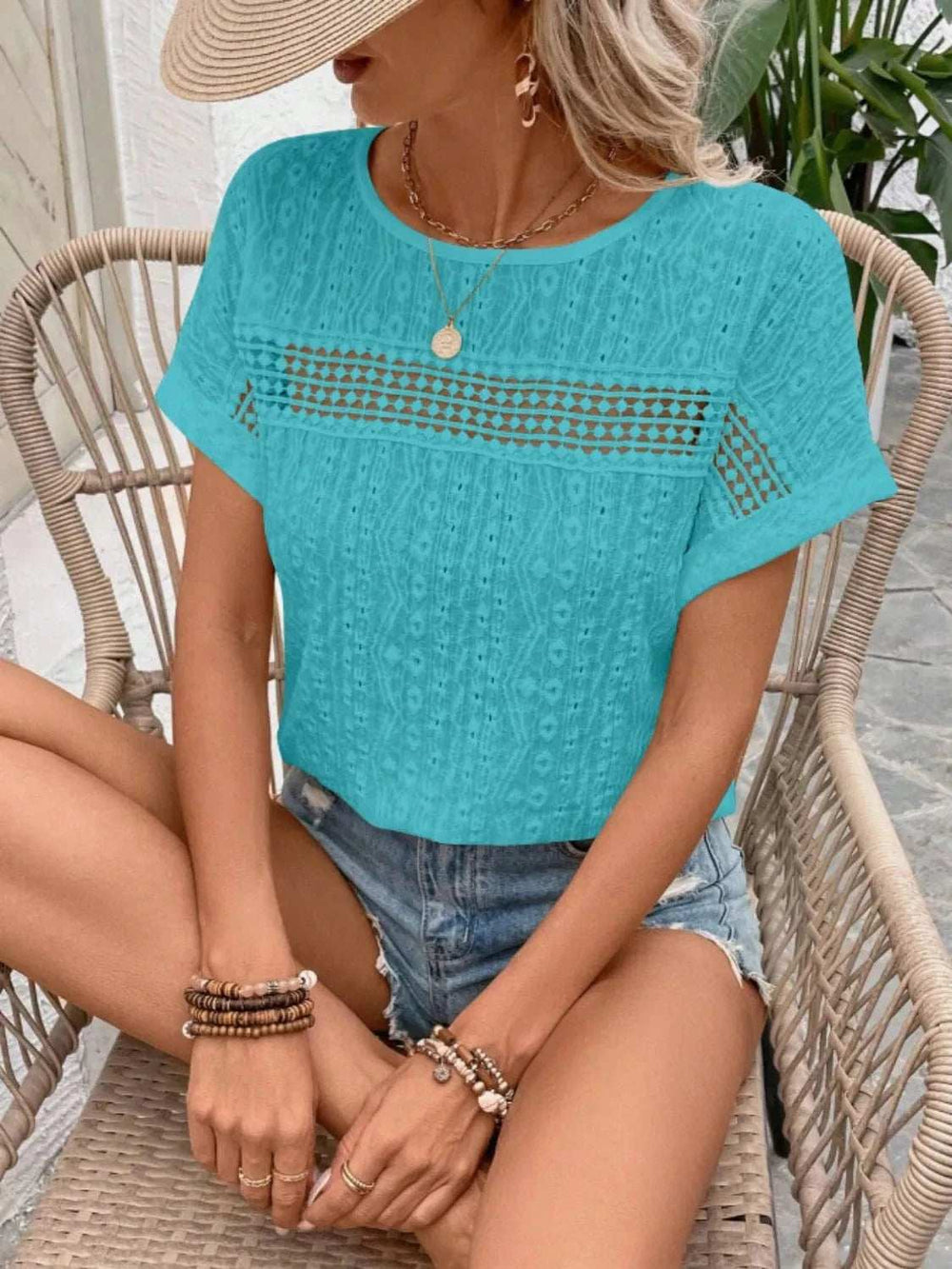 Eyelet Round Neck Short Sleeve Top - Trendsi - Flyclothing LLC