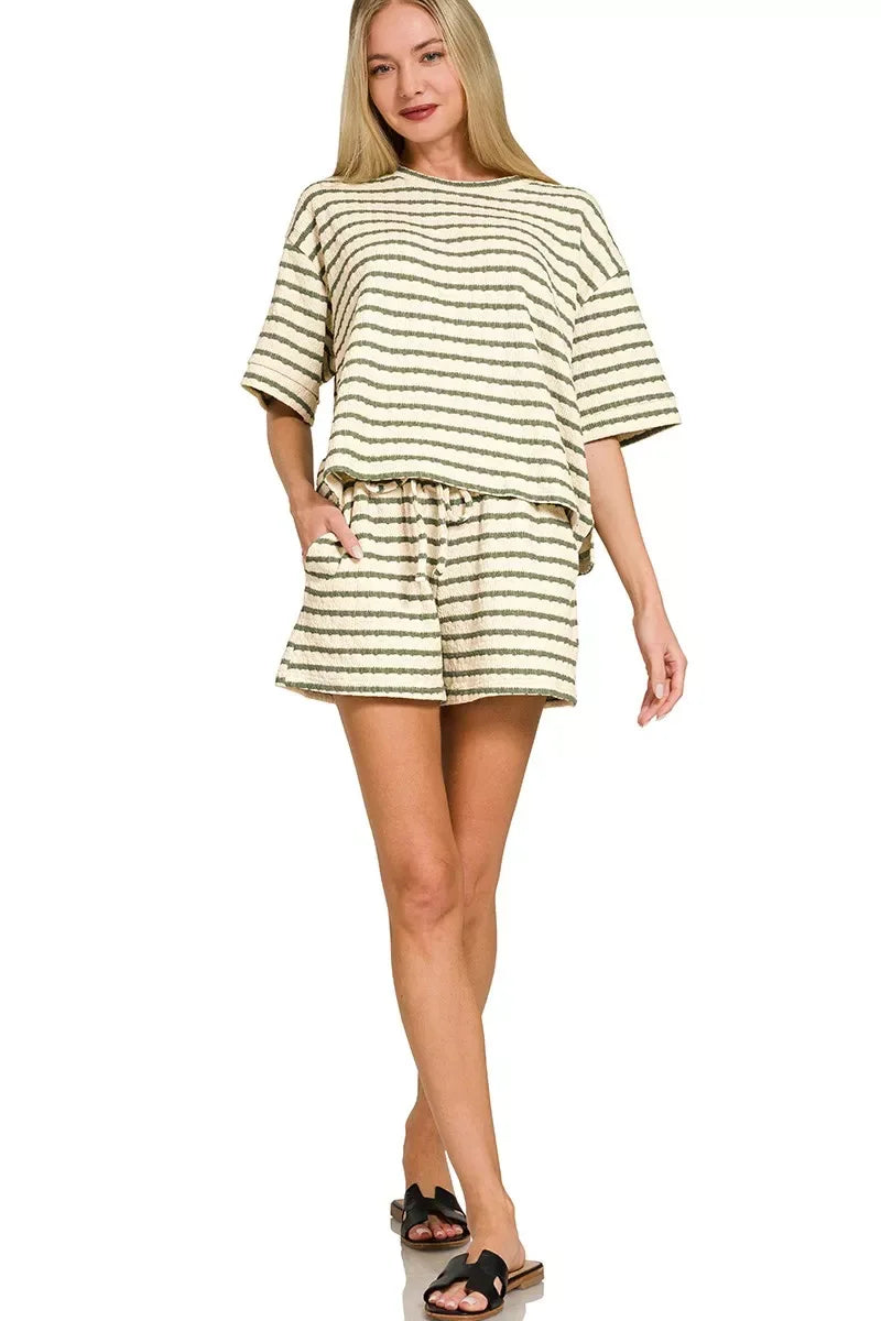 Zenana Striped Short Sleeve Tee & Shorts Set - Trendsi - Flyclothing LLC