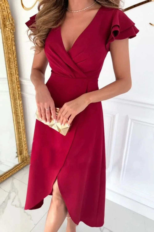 Surplice Ruffled Cap Sleeve Zip Back Dress - Trendsi - Flyclothing LLC