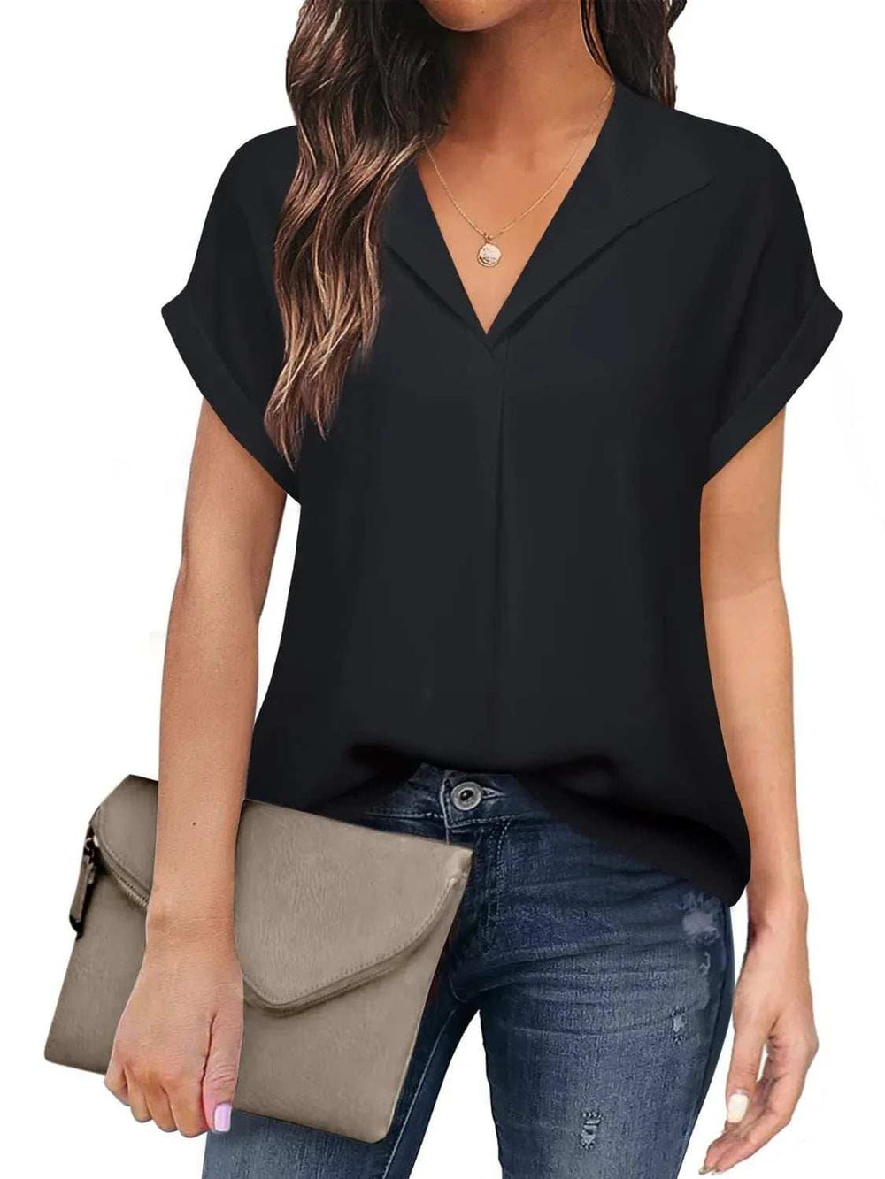Collared Neck Short Sleeve Blouse - Trendsi - Flyclothing LLC