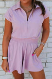 Short Sleeve Zipper Collared Elastic High Waist Romper - Trendsi - Flyclothing LLC