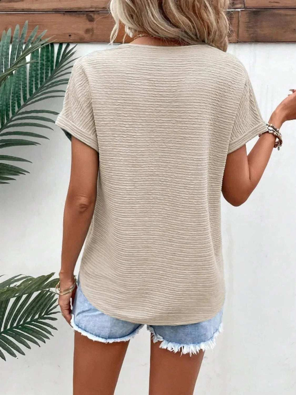 Textured Solid Color Short Sleeve Top - Trendsi - Flyclothing LLC
