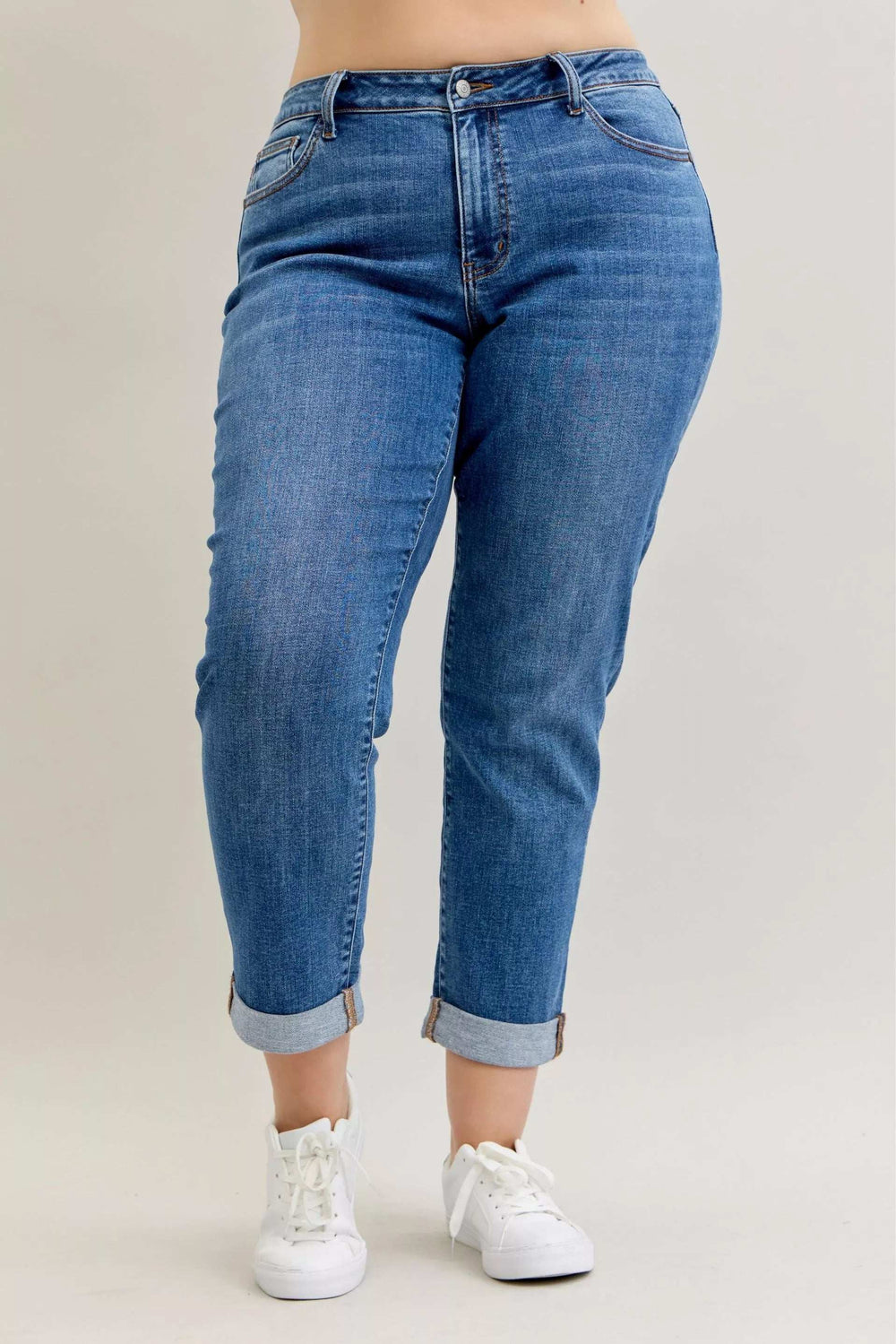 Judy Blue Full Size Mid Rise BF Classic Cuffed Jeans Plus Size - Trendsi - Flyclothing LLC