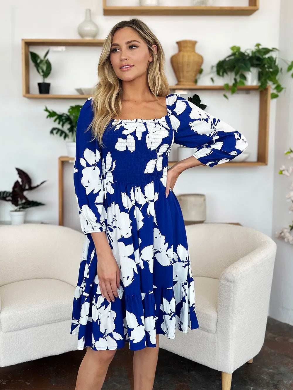 Double Take Full Size Floral Ruffle Hem Smocked Dress with Pockets - Trendsi - Flyclothing LLC