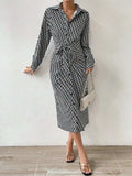 Printed Tie Waist Long Sleeve Midi Shirt Dress - Trendsi - Flyclothing LLC