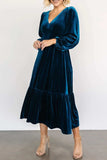 V-Neck Long Sleeve Midi Velvet Dress - Trendsi - Flyclothing LLC