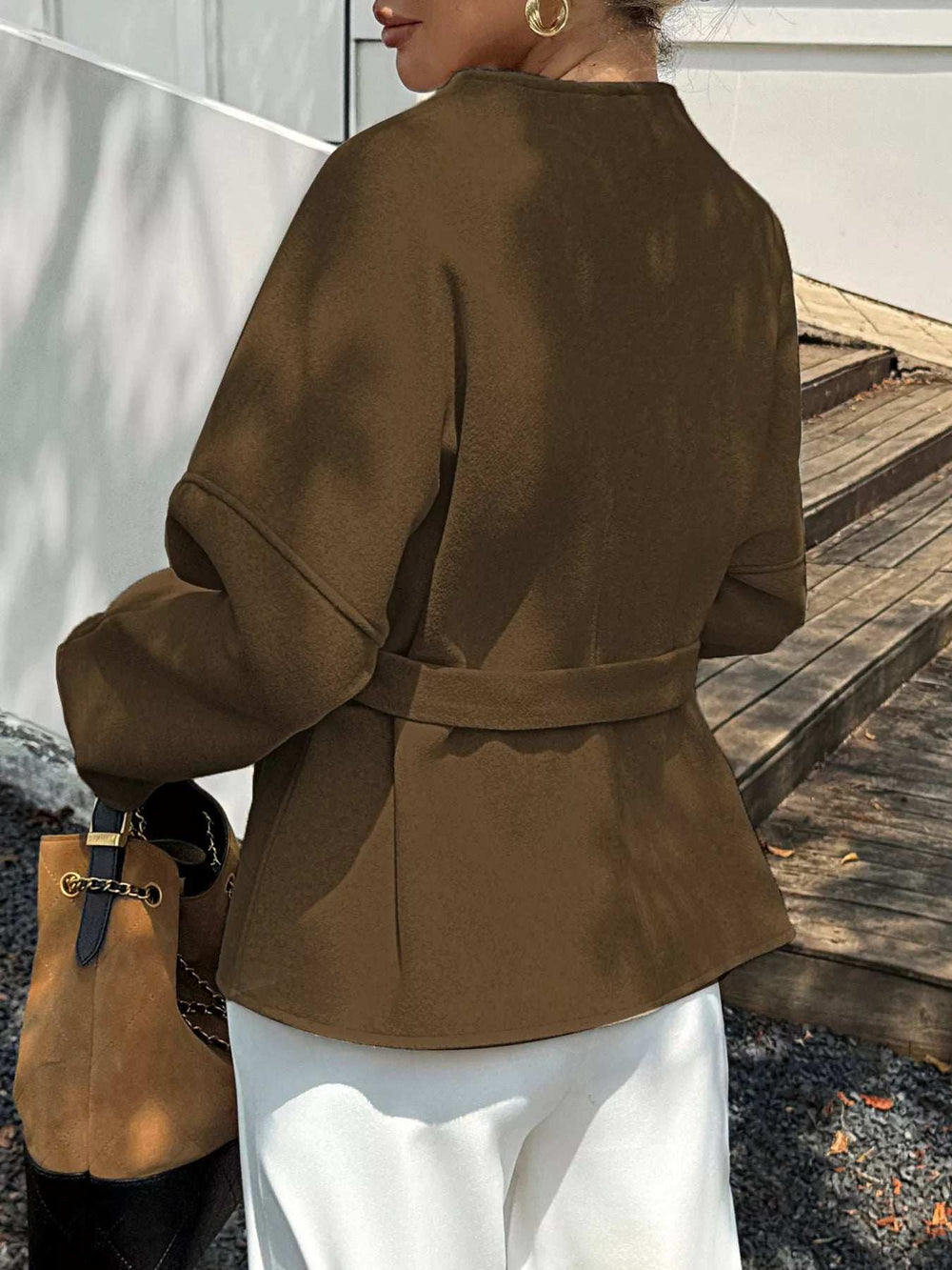 Surplice Dropped Shoulder Tie Belt Outerwear - Trendsi - Flyclothing LLC