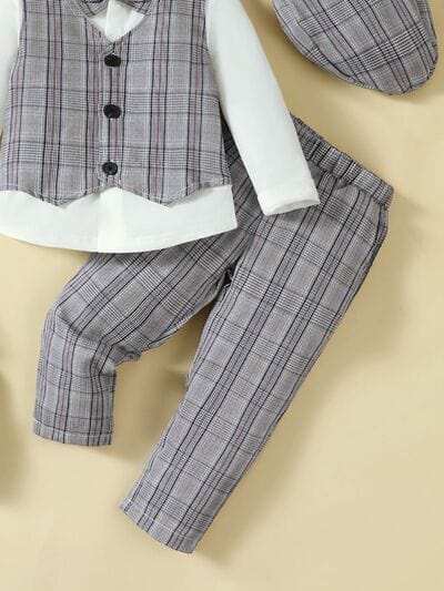 Hat, Long Sleeve Shirt, Plaid Vest and Pants 4-Piece Set - Trendsi - Flyclothing LLC