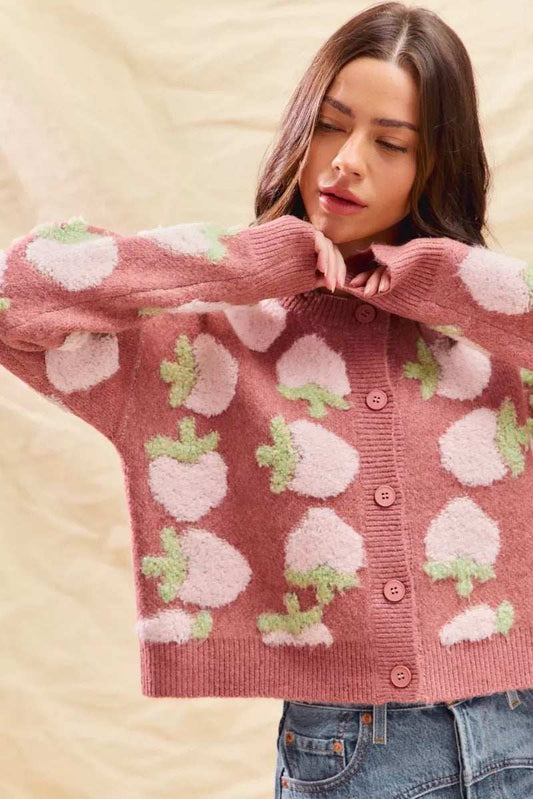 SO ME Strawberry Fruit All Over Button Sweater Cardigan - Trendsi - Flyclothing LLC