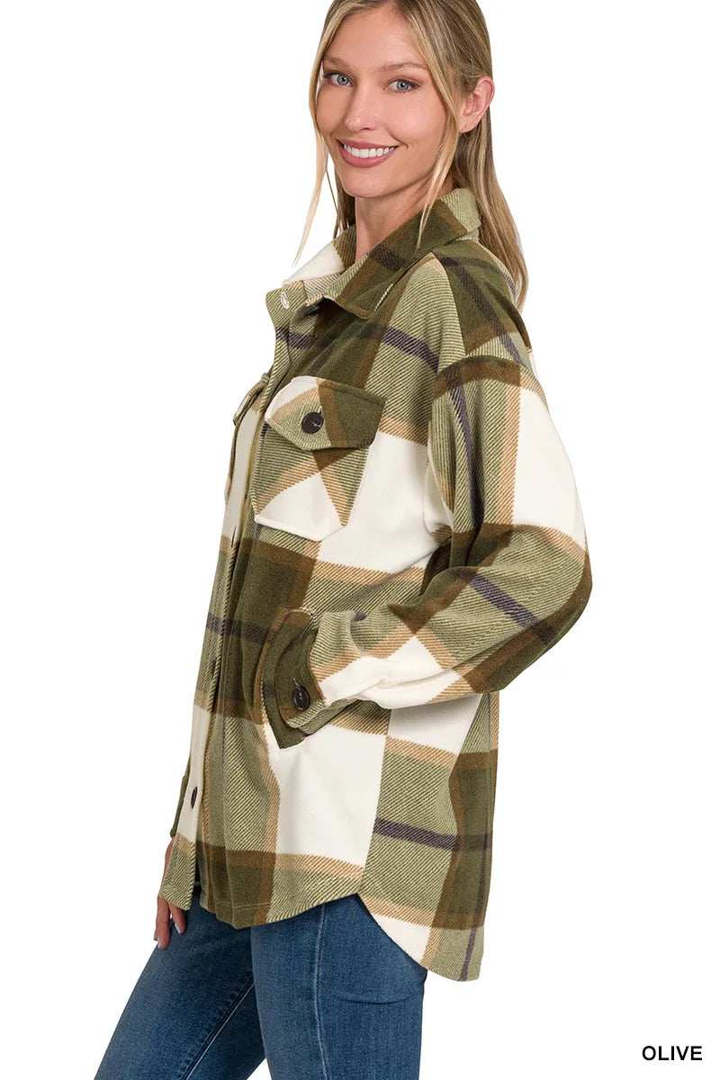 Zenana Oversized Plaid Fleece Shacket - Trendsi - Flyclothing LLC