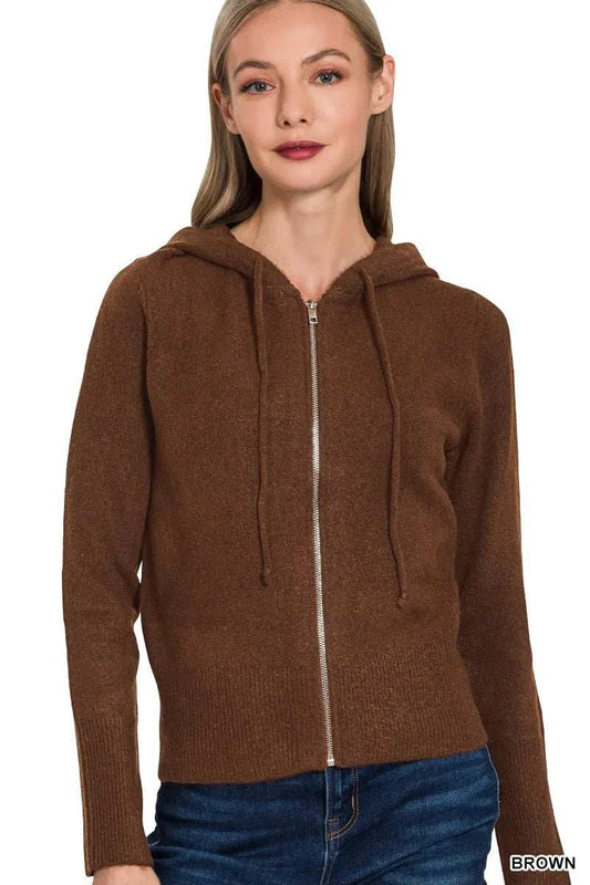 Zenana Drawstring Zip Up Hooded Cardigan - Trendsi - Flyclothing LLC