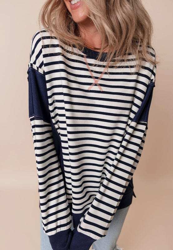 Exposed Seam Striped Long Sleeve Sweatshirt - Trendsi - Flyclothing LLC