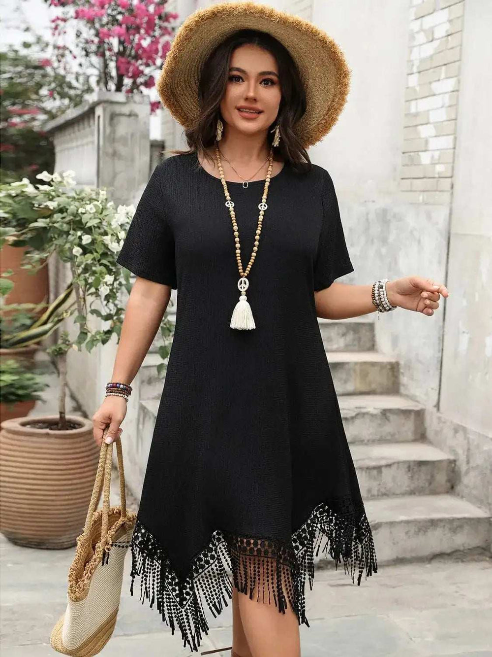Plus Size Fringe Round Neck Short Sleeve Midi Tee Dress - Trendsi - Flyclothing LLC